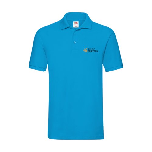 Azure blue cotton polo shirt for men with a short button placket.