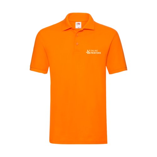 Orange cotton polo shirt for men with a short button placket.