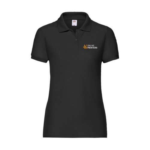 Black women's polo shirt in a polyester-cotton blend with short sleeves.