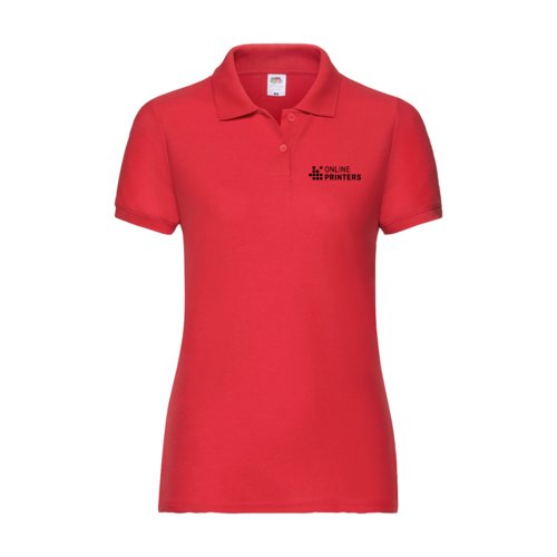Red women's polo shirt in polyester-cotton blend with short sleeves.