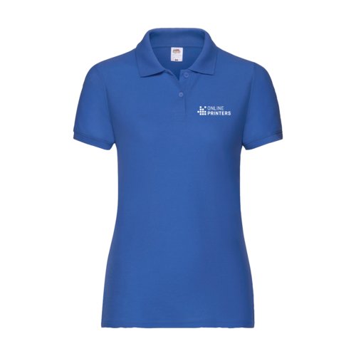 Royal blue women's polo shirt in cotton blend with short sleeves.