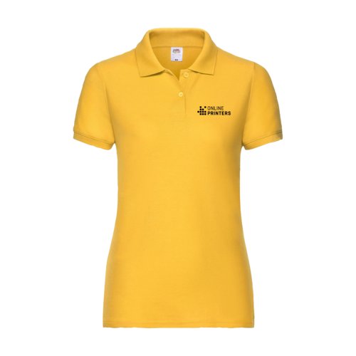 Yellow cotton blend women's polo shirt with short sleeves.