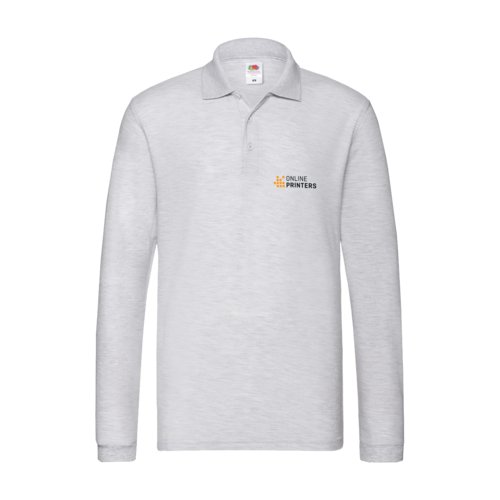 Ash gray cotton polo shirt with long sleeves and button placket.
