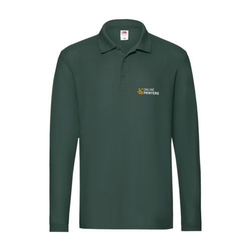 Dark green fabric long-sleeve polo shirt with button placket.