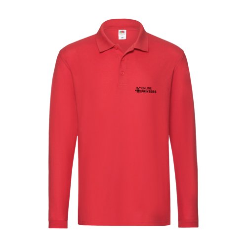 Red cotton polo shirt with long sleeves and button placket.