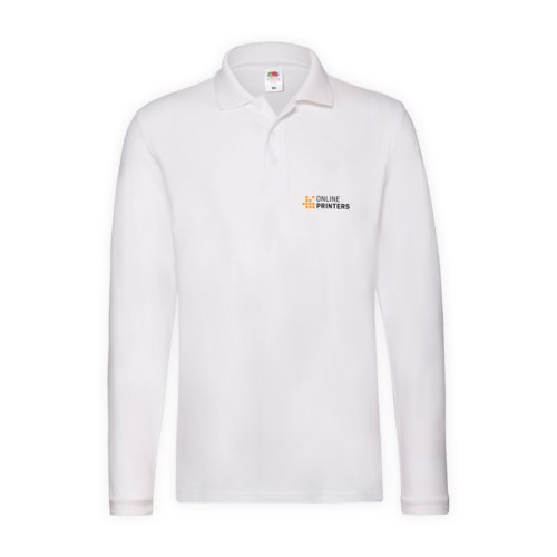 White cotton polo shirt with long sleeves and button placket.