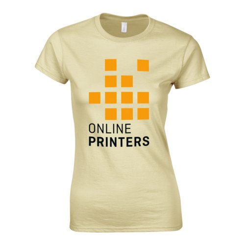 Sand-colored women's T-shirt made of cotton jersey with short sleeves.
