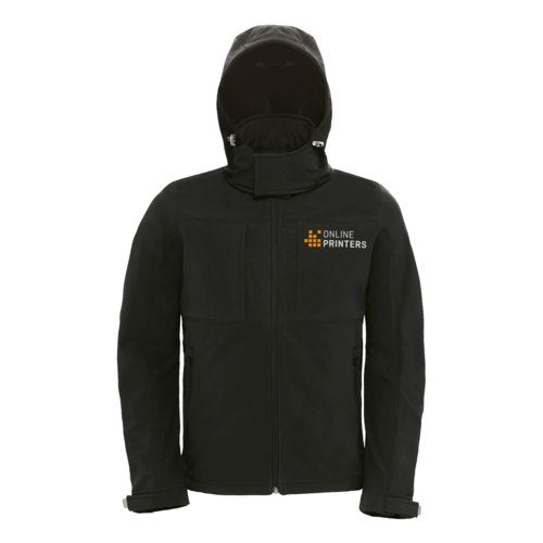 Softshell jacket with hood, zipper, and multiple pockets.