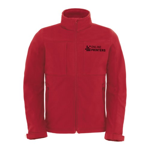 Red softshell jacket made of polyester and elastane with full zipper.