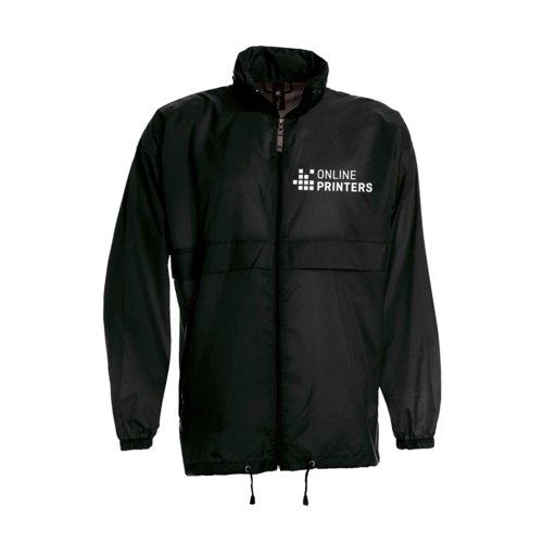 Black nylon windbreaker with full zipper.