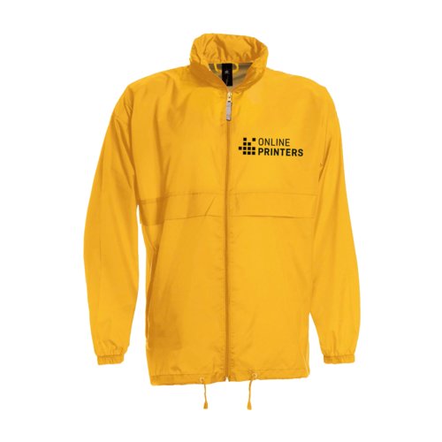 Golden yellow nylon windbreaker with zipper and hood.