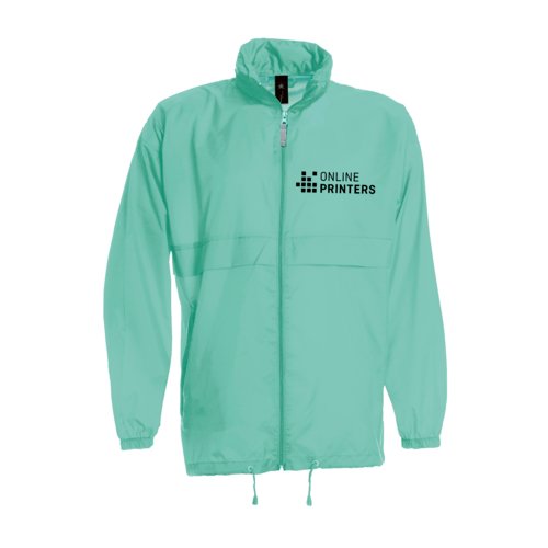 Turquoise nylon windbreaker with full zipper.