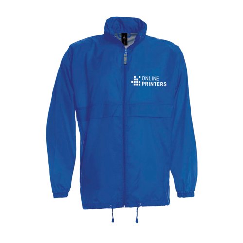Blue nylon windbreaker with hood and zipper.