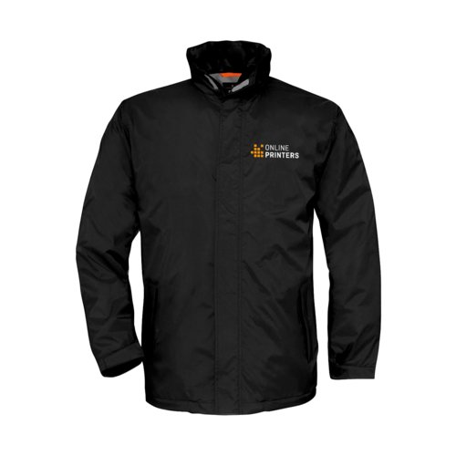 Black jacket made of water-repellent material with hood.