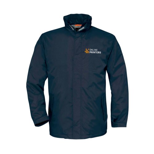 Navy blue polyester jacket for men with full zipper.