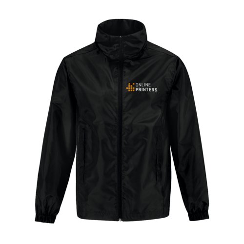 Black windbreaker made of lightweight material with full zipper.
