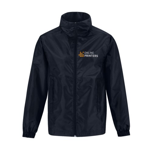 Navy blue polyester windbreaker with zipper and side pockets.
