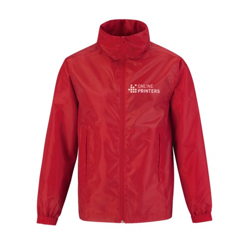 Red polyester windbreaker with full zipper and side pockets.
