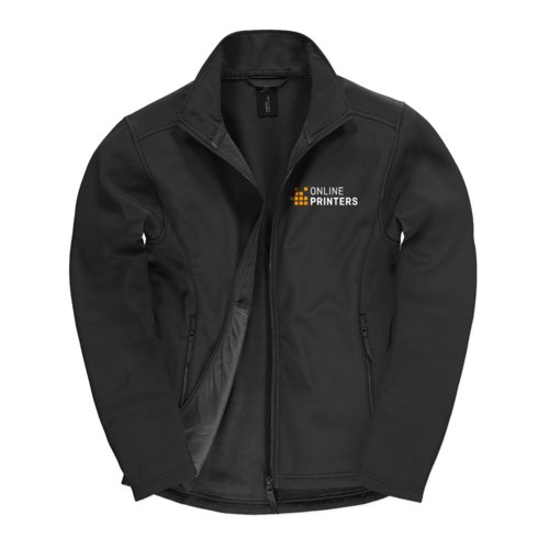 Black softshell jacket with full zipper and side pockets.