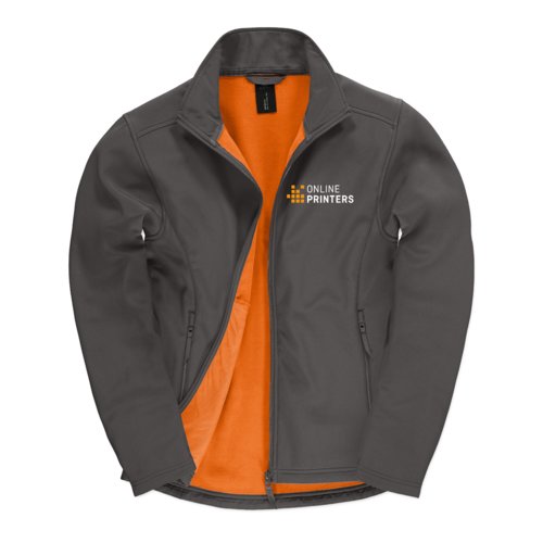 Dark gray softshell jacket made of polyester-elastane blend with zippered pockets.
