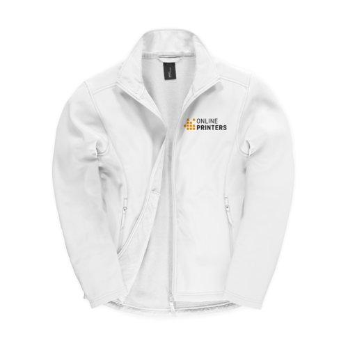 White polyester and elastane softshell jacket with zipper.