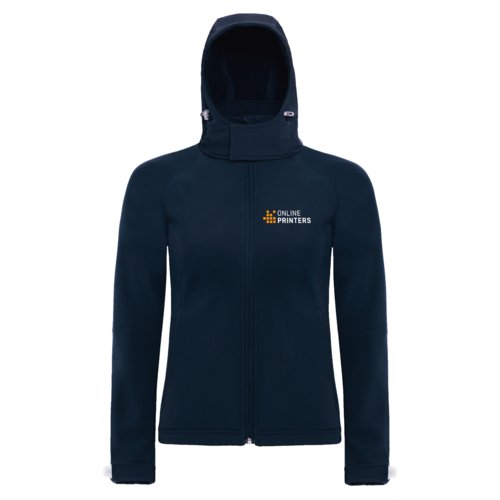 Navy blue softshell jacket made of polyester and elastane with hood and zipper.