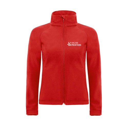 Red softshell jacket made of polyester and elastane with a full zipper.