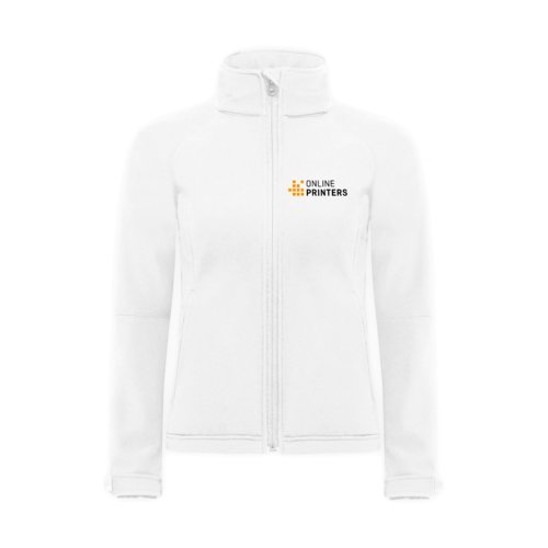 White women's softshell jacket made of polyester and elastane with a full zipper.