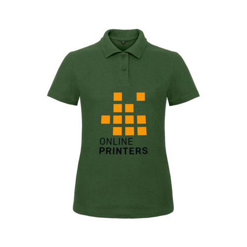 Green polo shirt with short button placket and short sleeves.