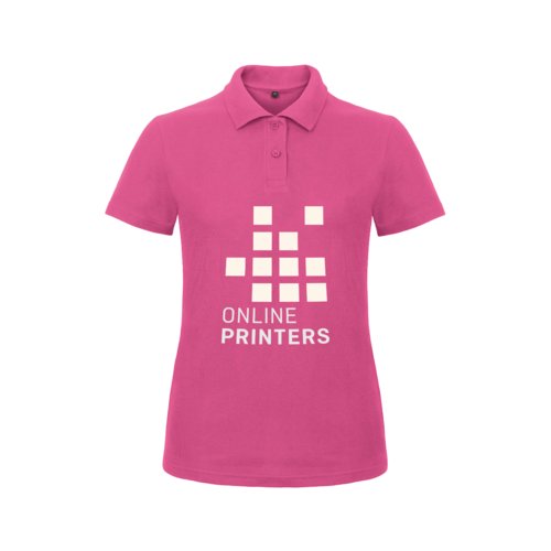 Fuchsia cotton women's polo shirt with a short button placket.