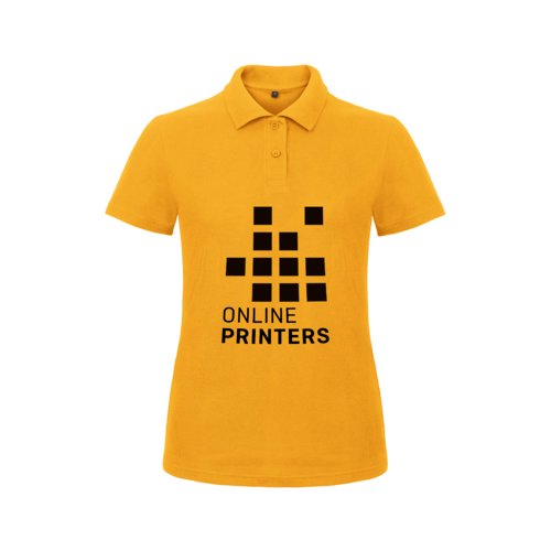 Golden yellow cotton women's polo shirt with short button placket.