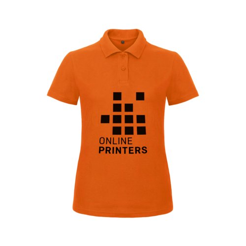 Orange women's polo shirt in cotton with a short button placket.
