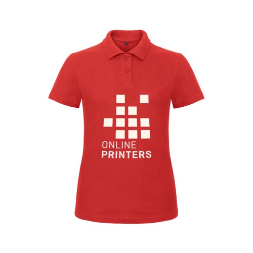 Red cotton polo shirt for women with short button placket.