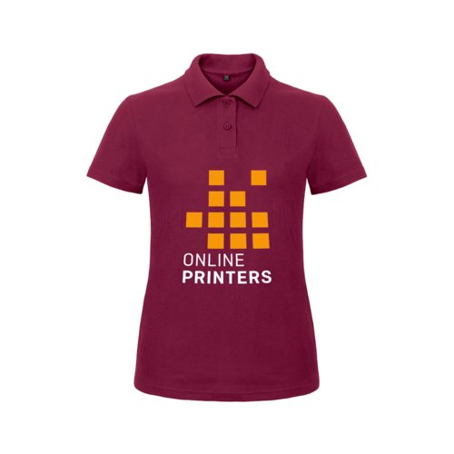 Burgundy cotton polo shirt for women with short button placket.