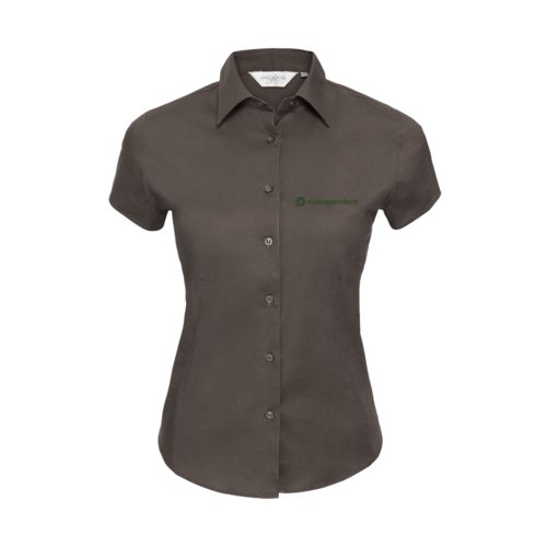 Brown cotton blouse with short sleeves and button placket for women.