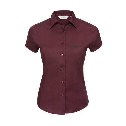 Burgundy cotton blend blouse with short sleeves.