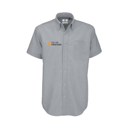 Light gray cotton blend short-sleeve shirt with button placket and chest pocket.