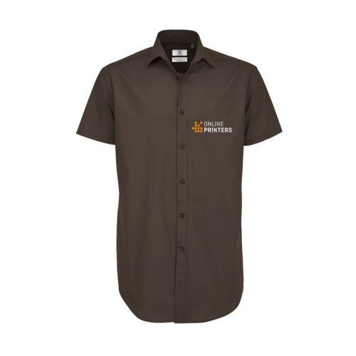 Dark brown cotton short-sleeve shirt with elastane and button placket.