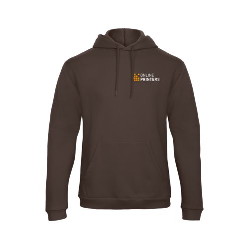 Brown cotton-polyester men's hoodie with drawstring and kangaroo pocket.