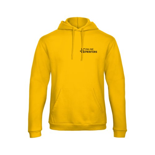 Golden yellow cotton blend hoodie with hood and kangaroo pocket.