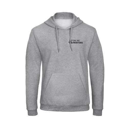 Heather grey cotton blend hoodie with hood and kangaroo pocket.