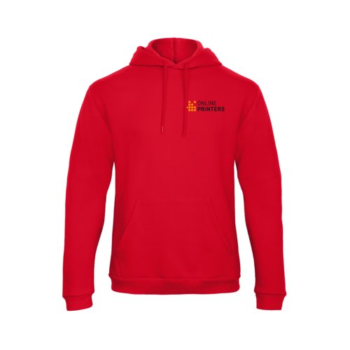 Red cotton blend hoodie with hood and kangaroo pocket.