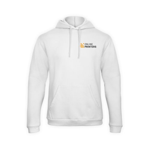 White cotton-polyester hoodie with hood and kangaroo pocket.