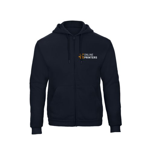 Navy blue mixed cotton blend sweat jacket with hood and full zipper.