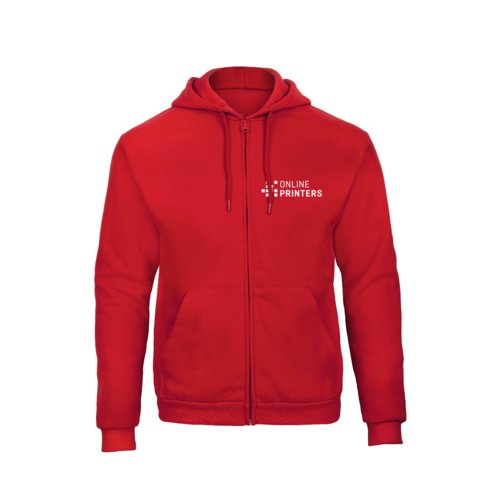 Red cotton blend sweatshirt jacket with hood and full zipper for men.