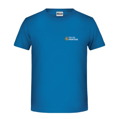 Dark blue cotton T-shirt with short sleeves.