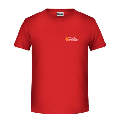 Red cotton T-shirt for children with short sleeves and a round neck.