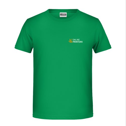 Green cotton T-shirt for kids with short sleeves.