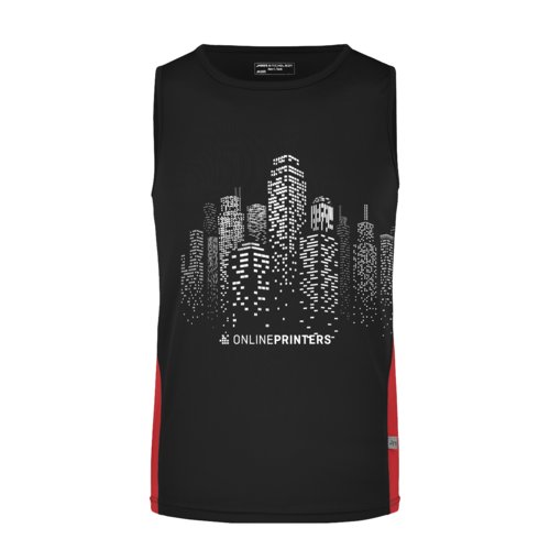 Black and red polyester tank top for men.