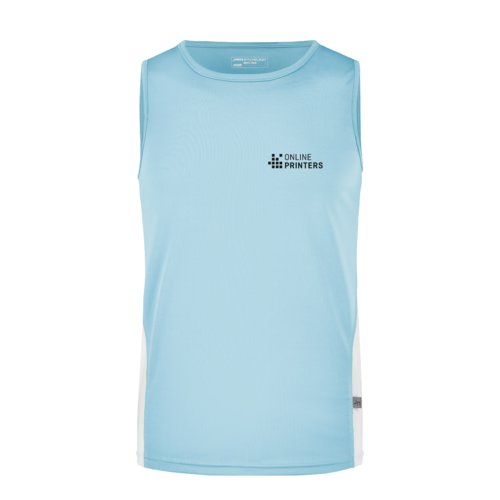 Light blue and white polyester tank top for men.
